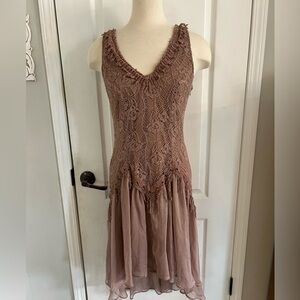 Floral Lace Semi Sheer dress Soieblu L Nude Beige Country Cottage Beachy NWT